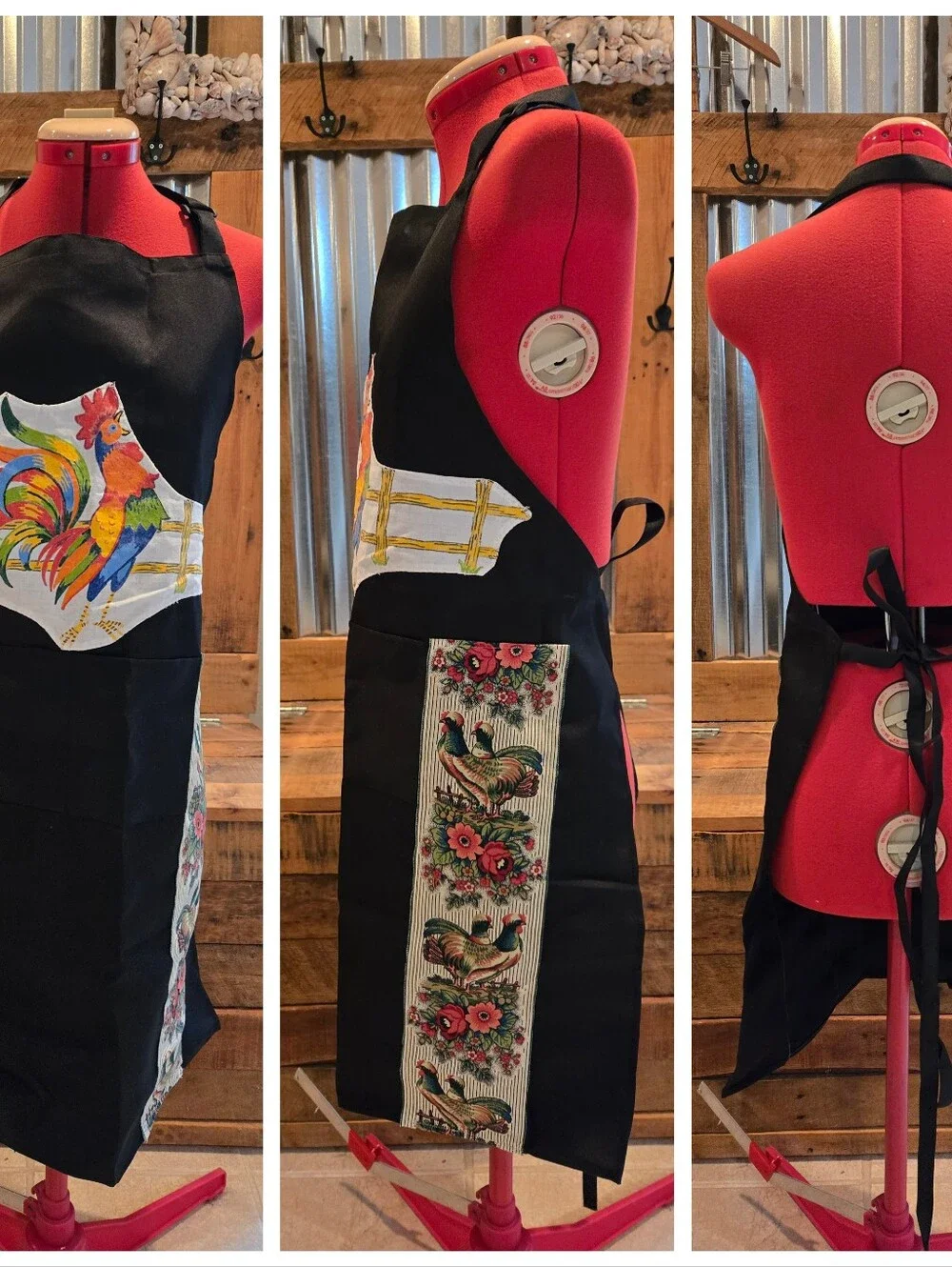 Upcycled Full Black Chef Apron One Sz Roosters Dont Throw It Out